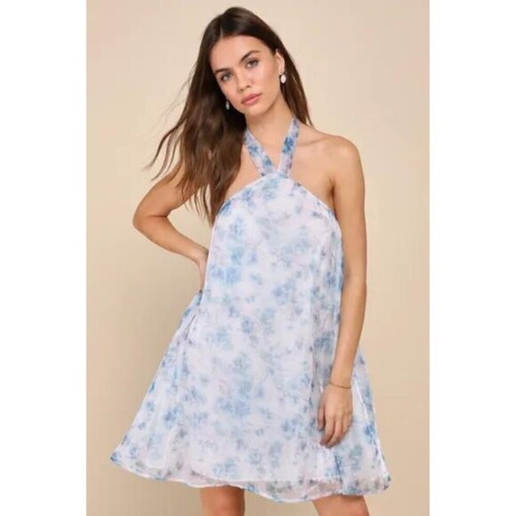 Lulus Womens Dress Floral Organza Halter Shift Mini X-Large - Picture 1 of 13